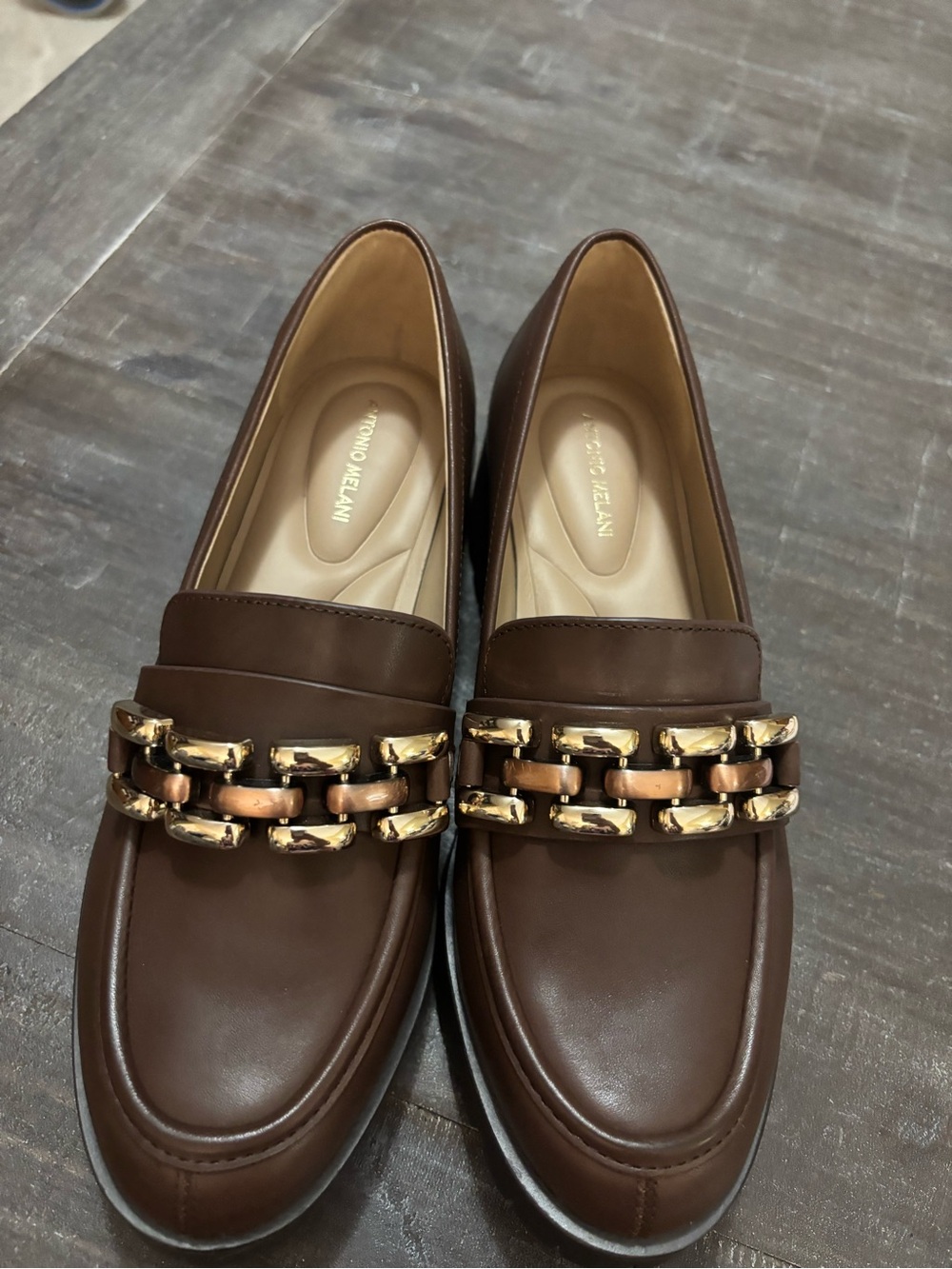 ANTONIO MELANI Brown Leather Loafers with Gold Chain Accent
